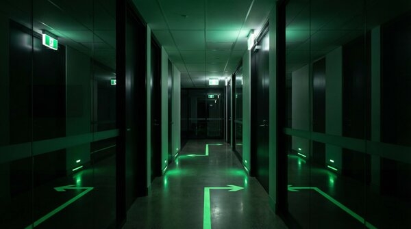 Photoluminescent exit sign glowing in corridor during low light