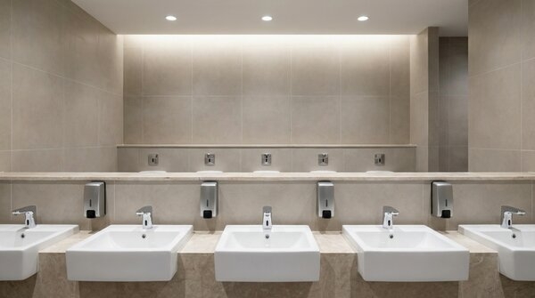 Sensor-activated tap in public washroom basin