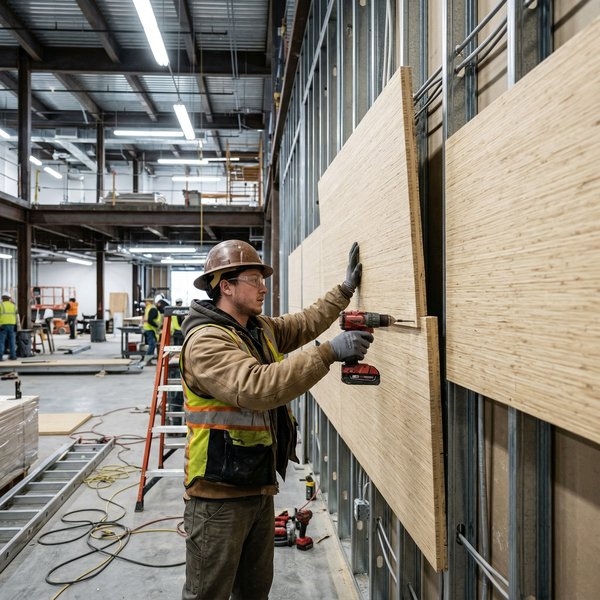 Bamboo strand woven insulation panels being fitted to commercial wall