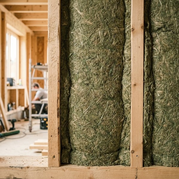 Grass fibre insulation batts in timber wall cavity