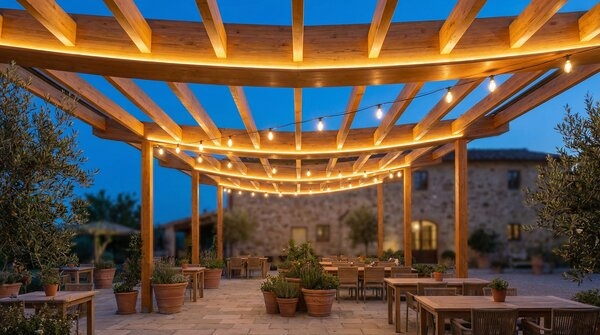 Glulam timber beams forming outdoor pergola structure