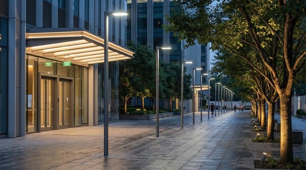 LED street lighting and exit light fixtures at night