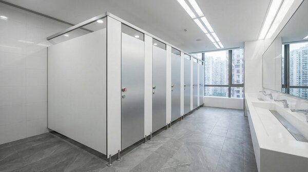 High pressure laminate toilet partitions and lockers in commercial washroom