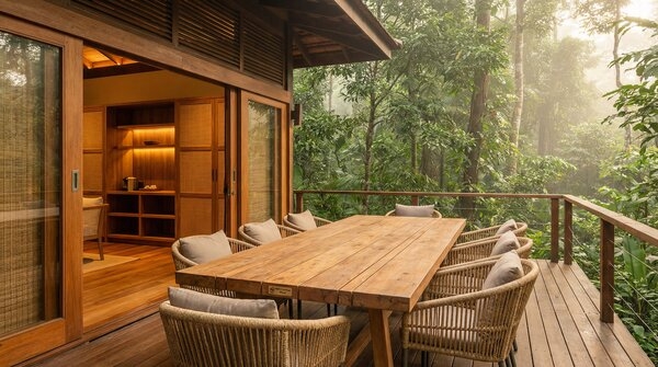 Sustainably sourced timber furniture in interior and semi-outdoor setting