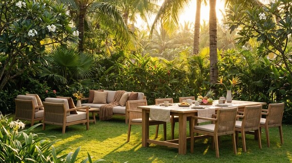 Timber outdoor lounge setting with chairs and low table on terrace